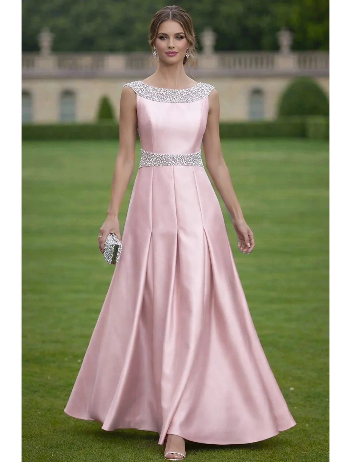 Elegant A-Line Sleeveless Boat Neck Beaded Blush Pink Floor-Length Evening Gown