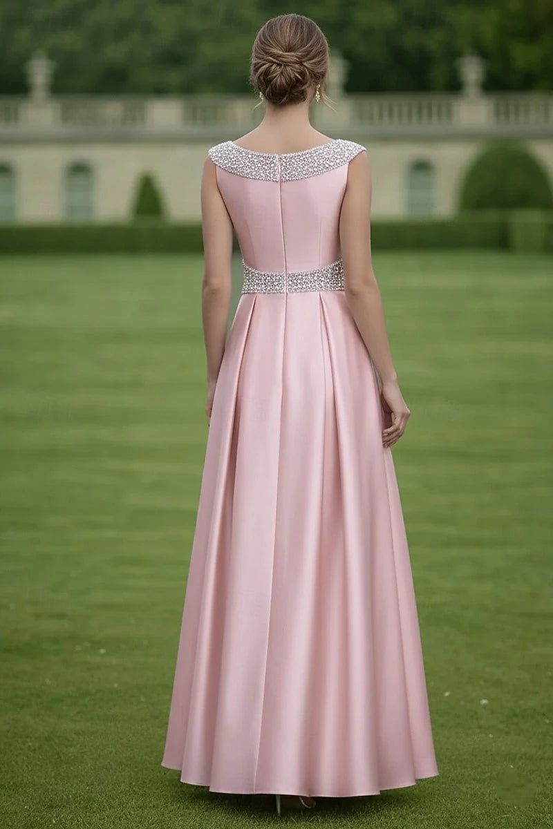 Elegant A-Line Sleeveless Boat Neck Beaded Blush Pink Floor-Length Evening Gown