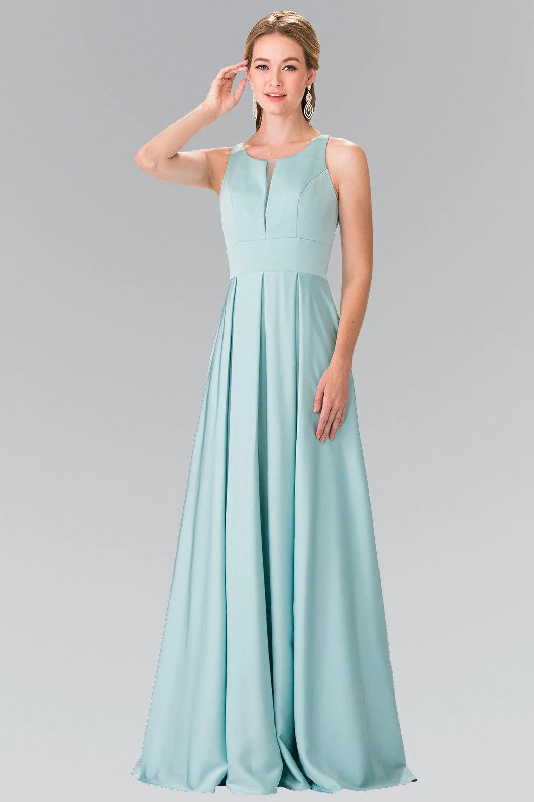 Elegant A-Line Sleeveless Pleated Sheer Yoke Mint Blue Floor-Length Prom Dress