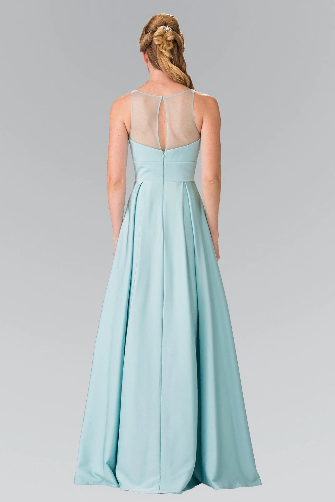 Elegant A-Line Sleeveless Pleated Sheer Yoke Mint Blue Floor-Length Prom Dress