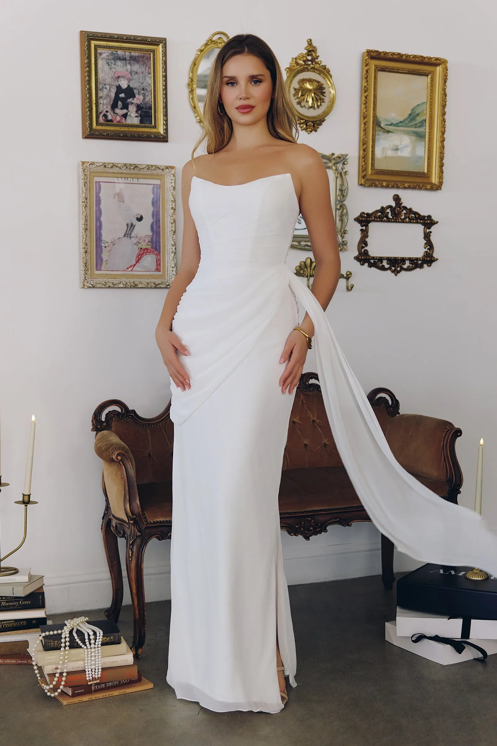 Elegant A-Line Spaghetti Strap Draped Slit White Floor-Length Prom Dress For Women Chic