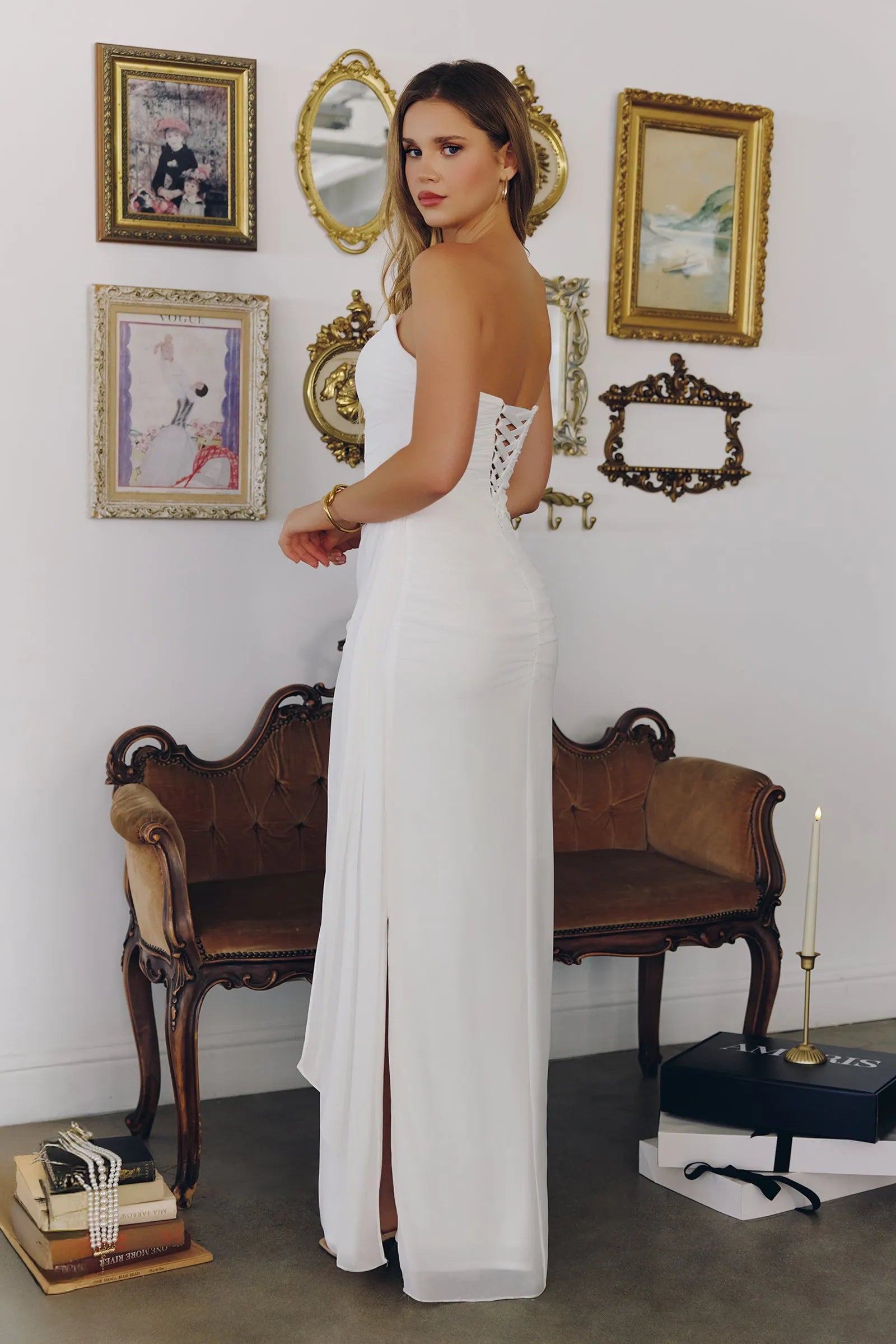 Elegant A-Line Spaghetti Strap Draped Slit White Floor-Length Prom Dress For Women Chic