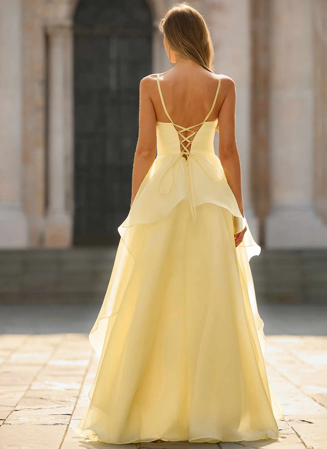 Elegant A-Line Spaghetti Strap High Slit Ruffled Light Yellow Floor-Length Prom Dress