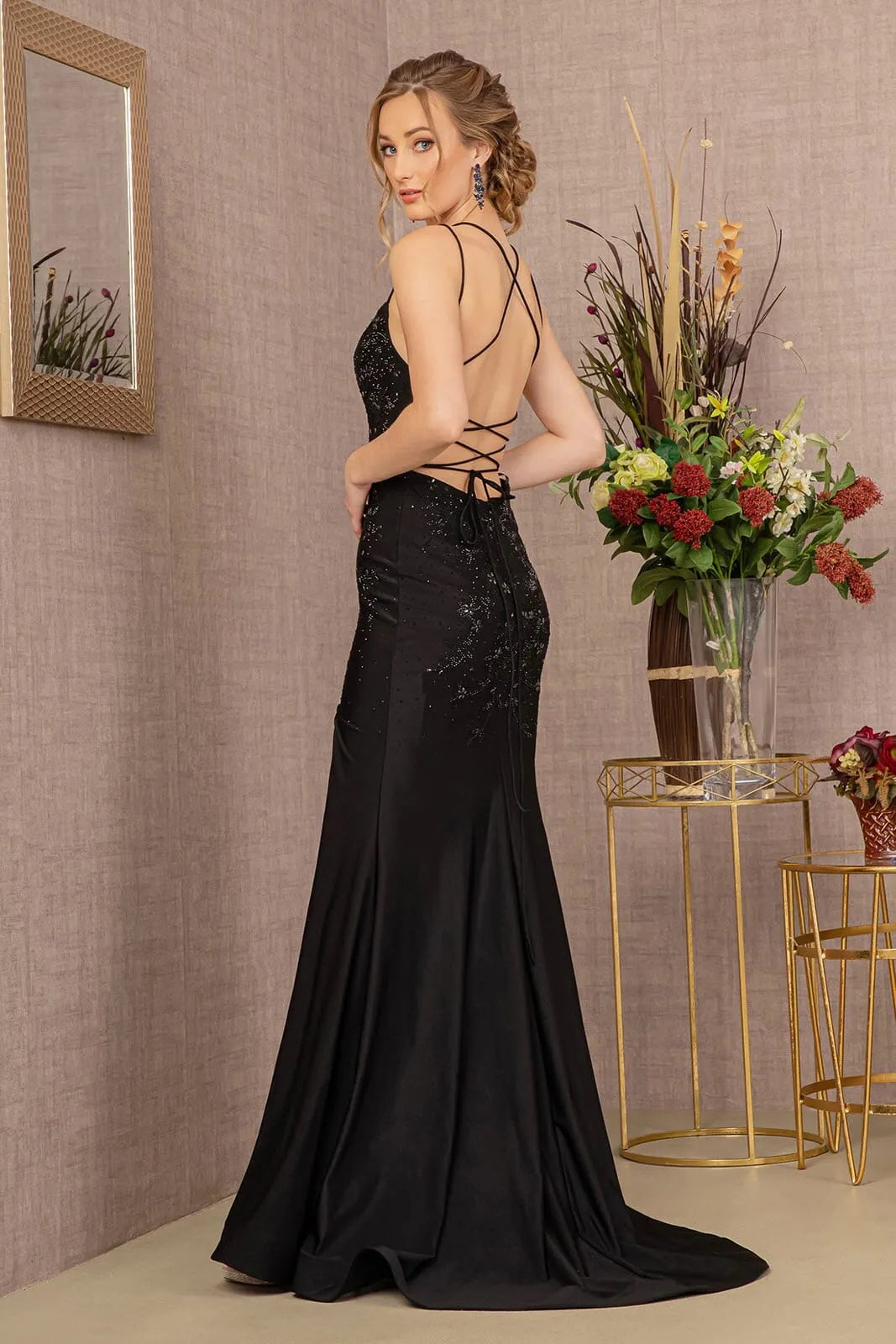 Elegant A-Line Spaghetti Strap Sleeveless High Slit Black Floor-Length Prom Gown