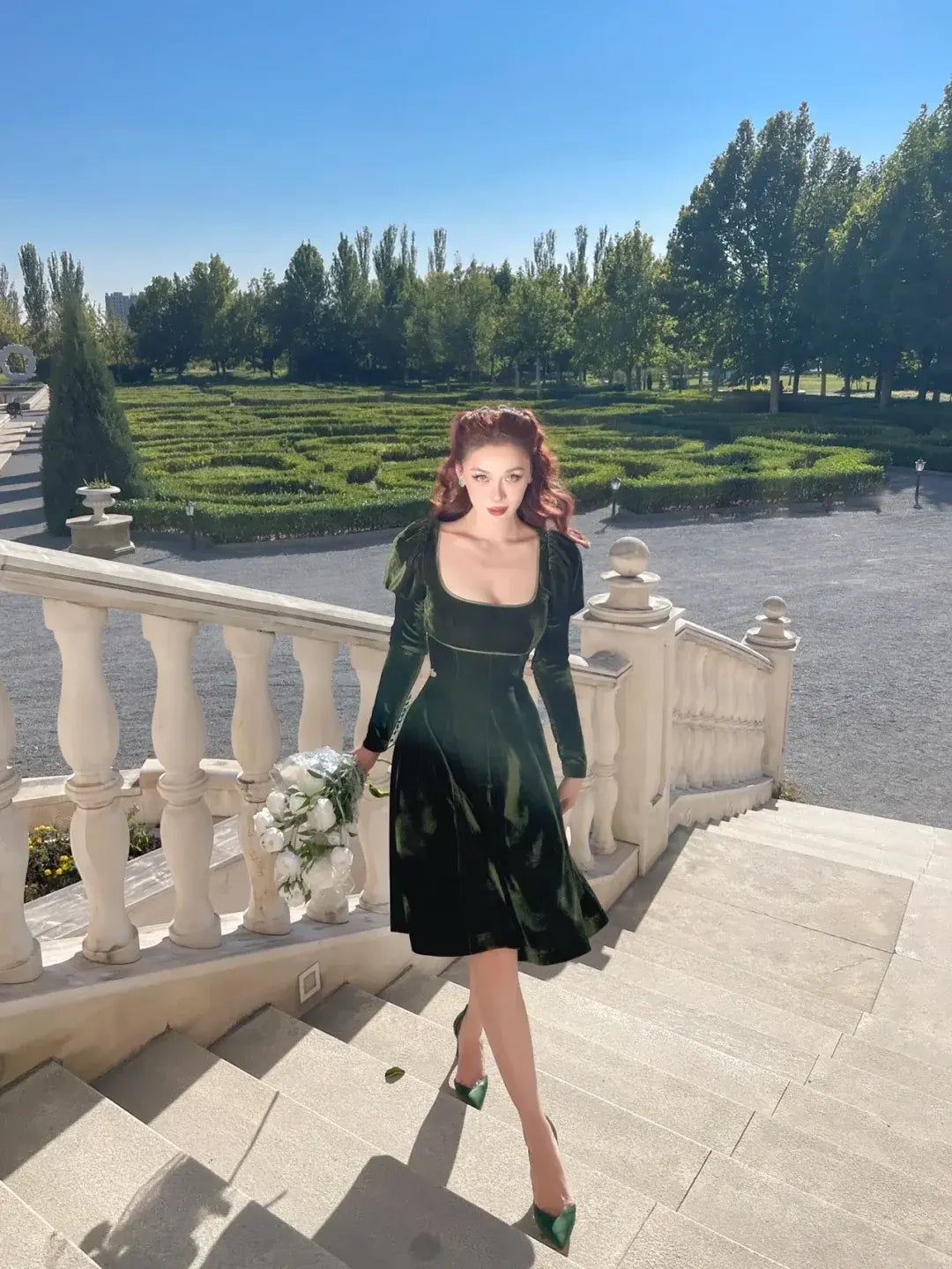 Elegant A-Line Square Neck Long Sleeve Vintage Dark Green Knee Homecoming Dress