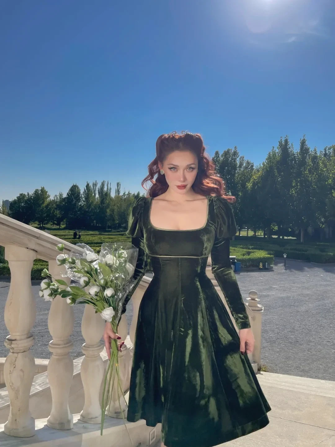 Elegant A-Line Square Neck Long Sleeve Vintage Dark Green Knee Homecoming Dress