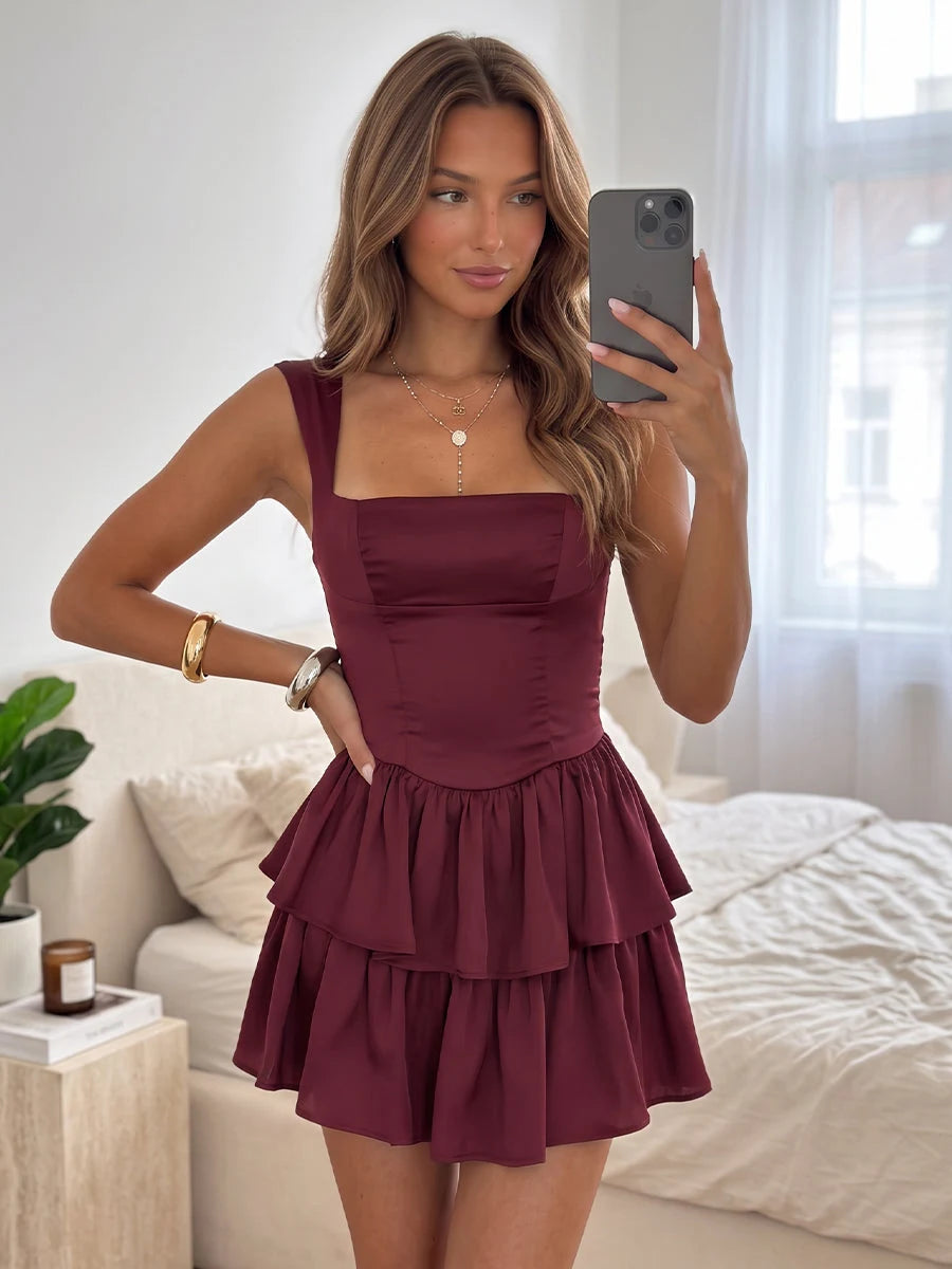 Elegant A-Line Square Neck Sleeveless Bow Back Burgundy Mini Homecoming Dress