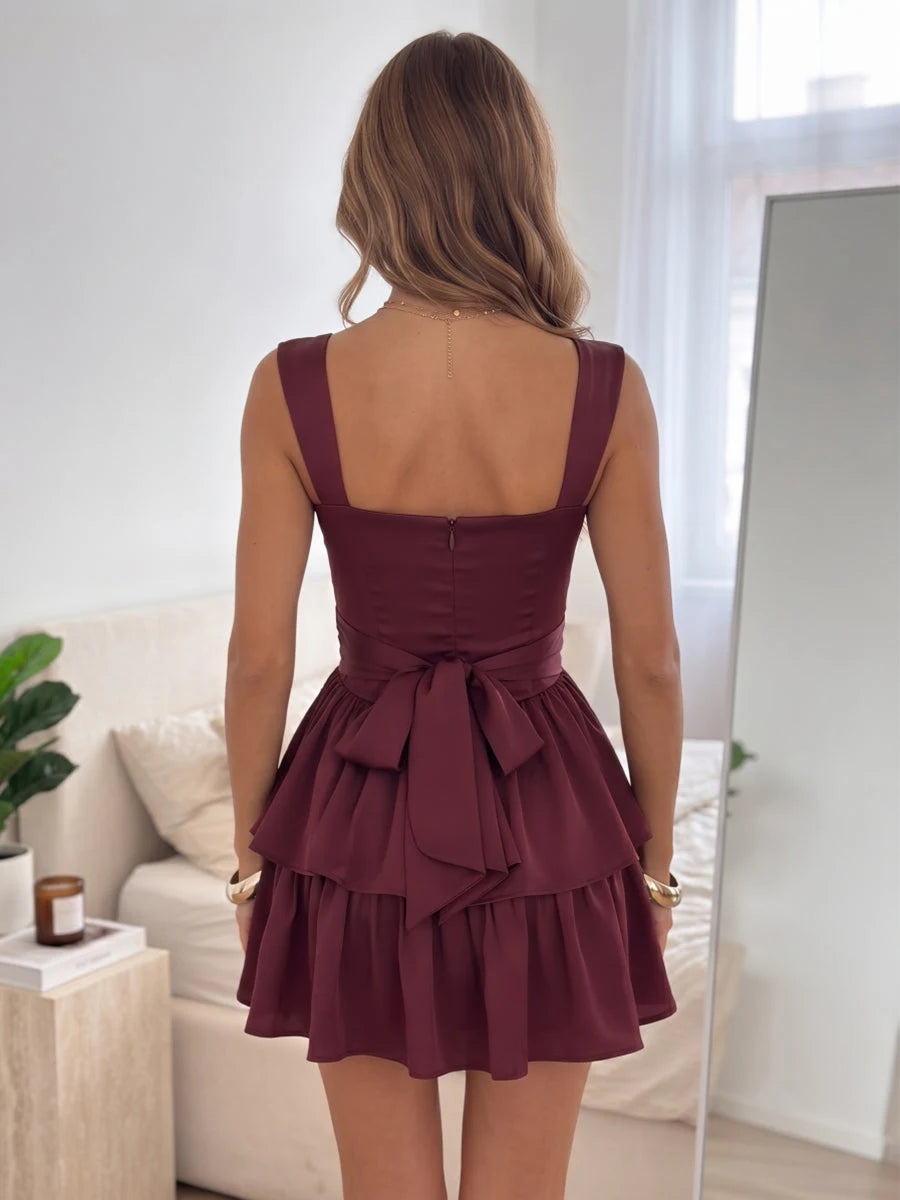 Elegant A-Line Square Neck Sleeveless Bow Back Burgundy Mini Homecoming Dress