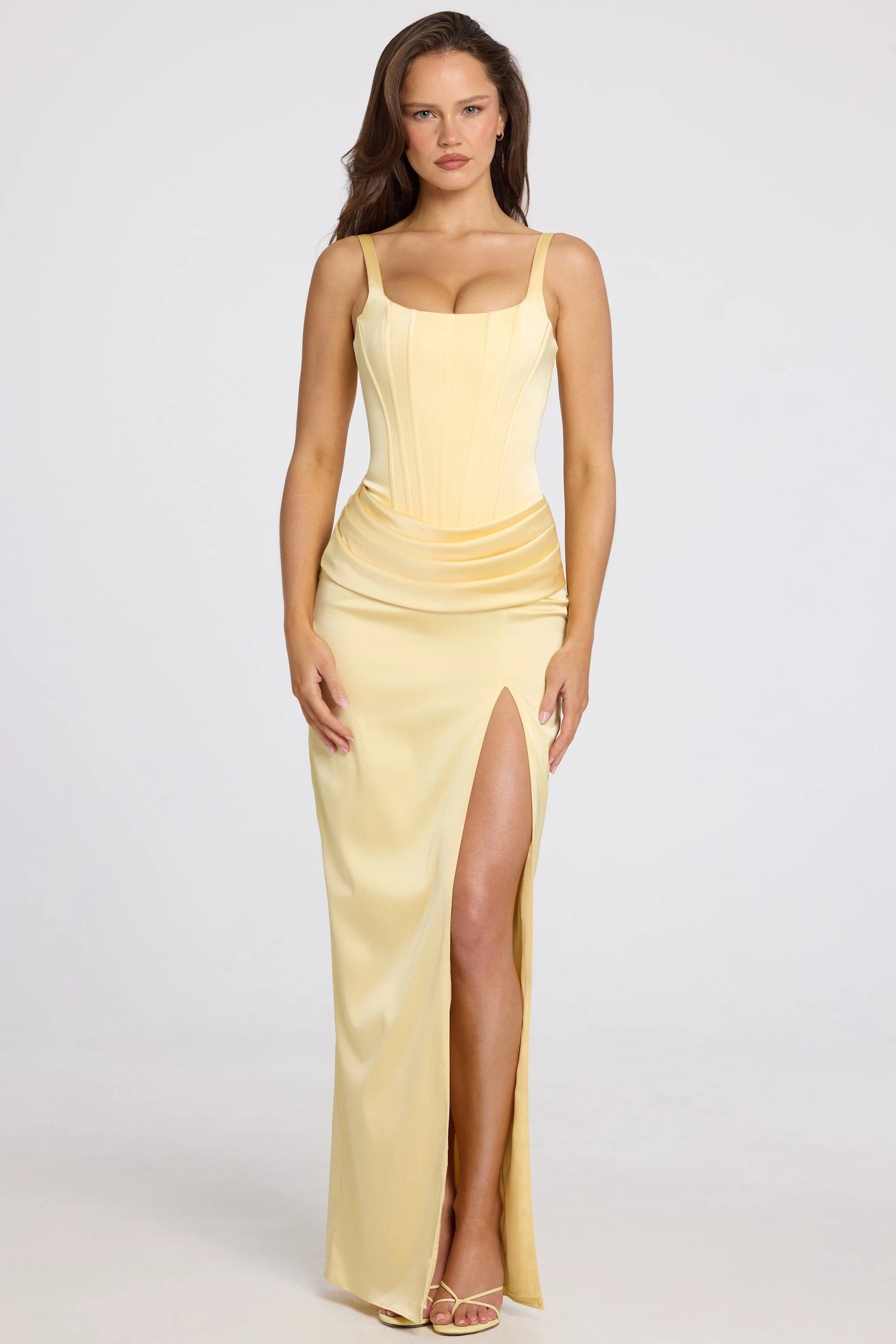 Elegant A-Line Square Neck Sleeveless Corset High Slit Pastel Yellow Prom Gown