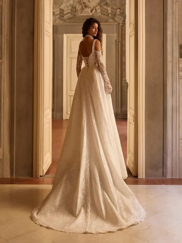 Elegant A-Line Square Neck Sleeveless Corset Lace Ivory Floor-Length Wedding Gown