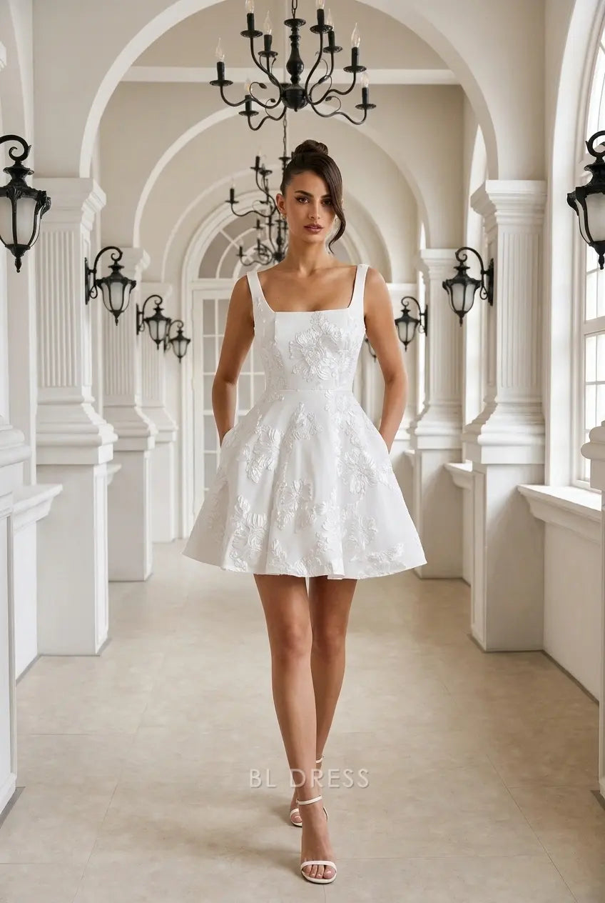 Elegant A-Line Square Neck Sleeveless Embroidered White Short Homecoming Dress