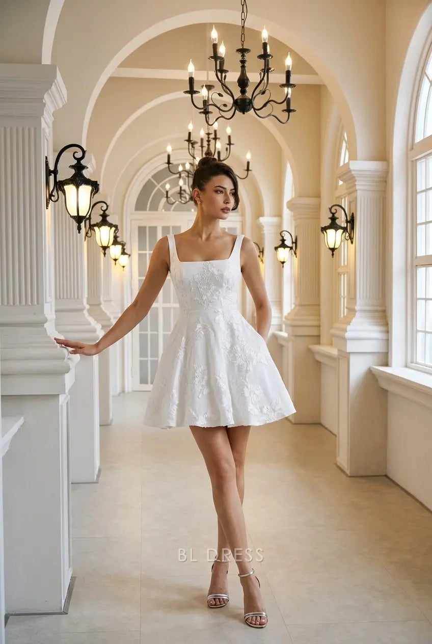 Elegant A-Line Square Neck Sleeveless Embroidered White Short Homecoming Dress