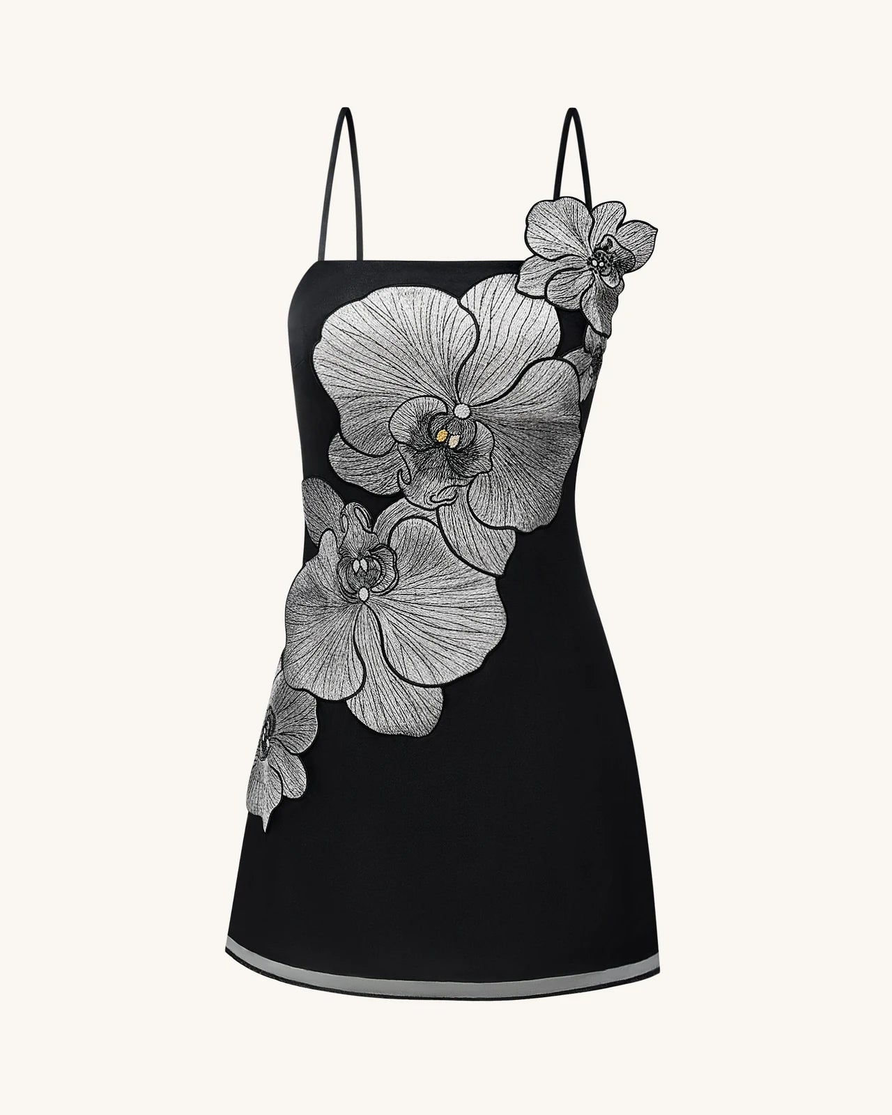 Elegant A-Line Square Neck Sleeveless Floral Applique Black Mini Homecoming Dress