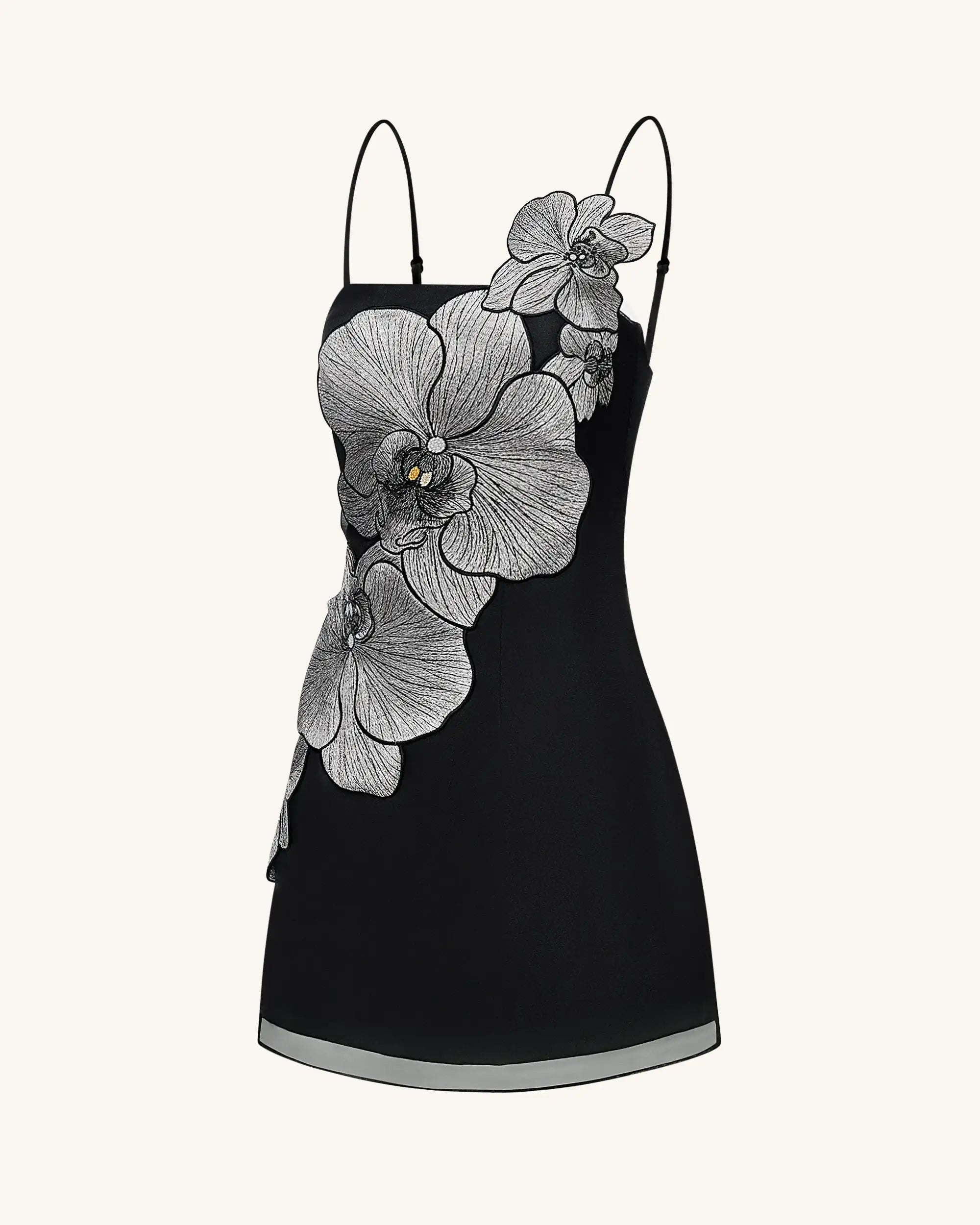 Elegant A-Line Square Neck Sleeveless Floral Applique Black Mini Homecoming Dress