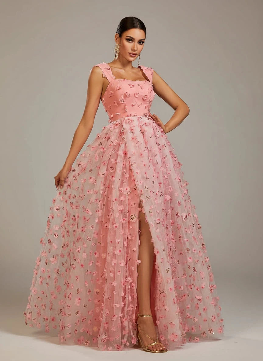 Elegant A-Line Square Neck Sleeveless Floral Applique Pink Floor-Length Prom Dress