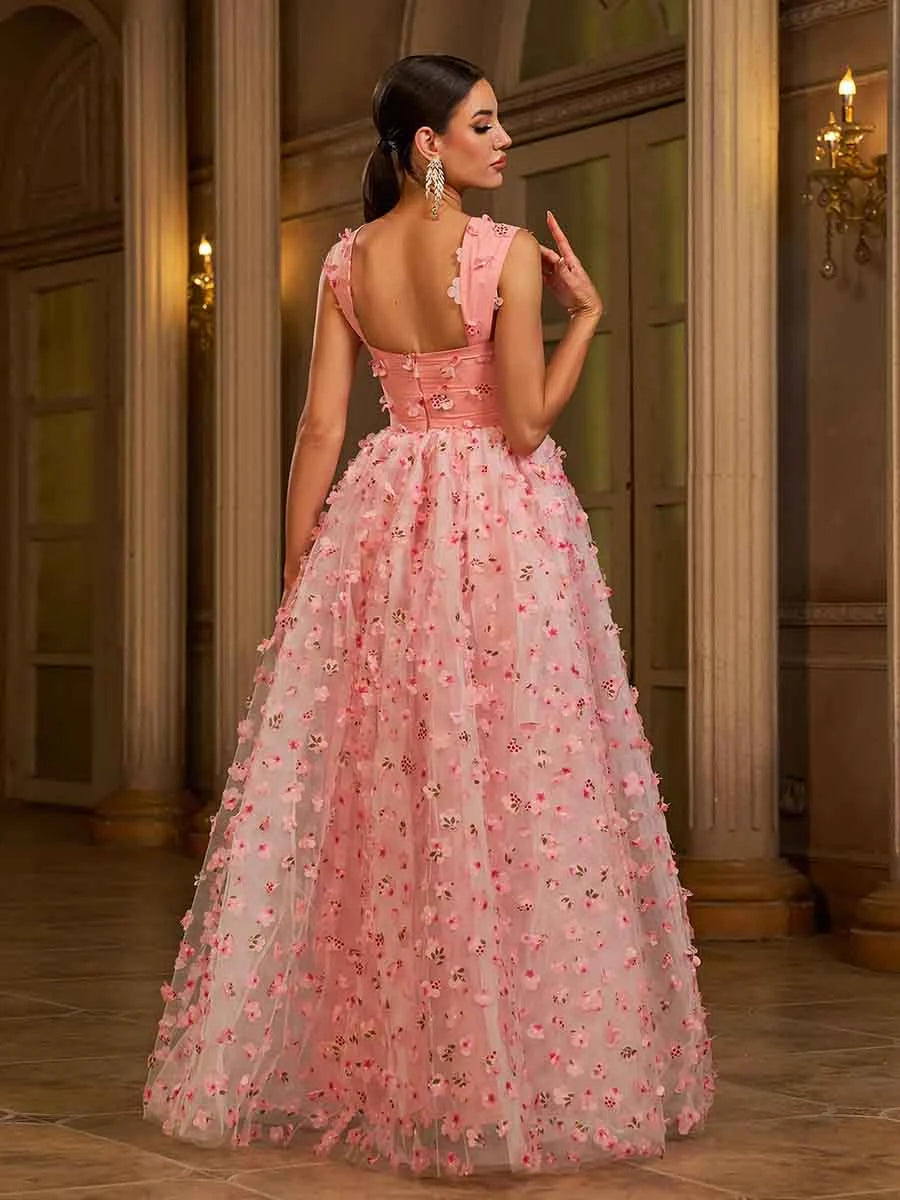 Elegant A-Line Square Neck Sleeveless Floral Applique Pink Floor-Length Prom Dress