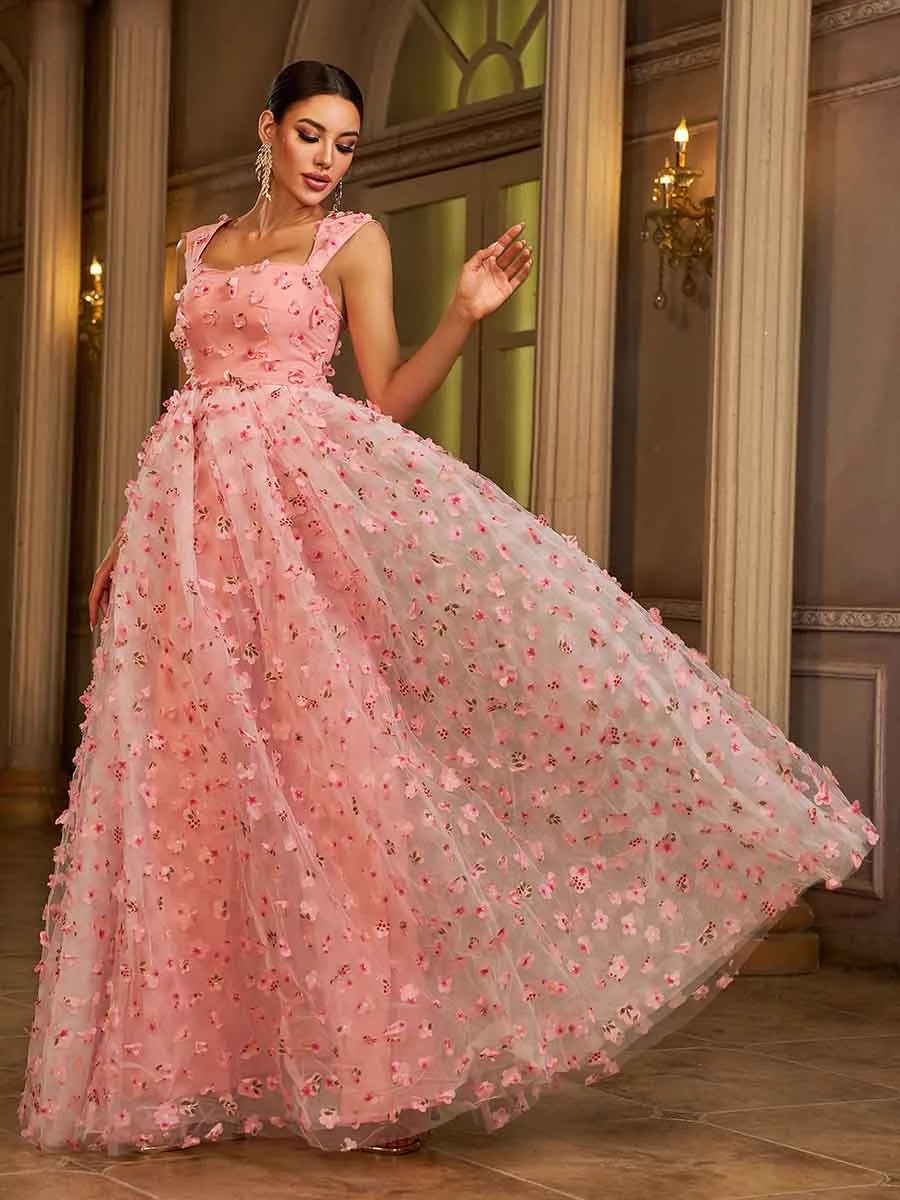 Elegant A-Line Square Neck Sleeveless Floral Applique Pink Floor-Length Prom Dress