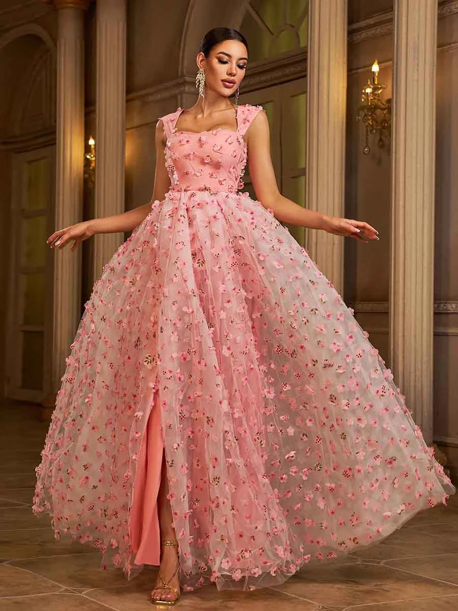 Elegant A-Line Square Neck Sleeveless Floral Applique Pink Floor-Length Prom Dress