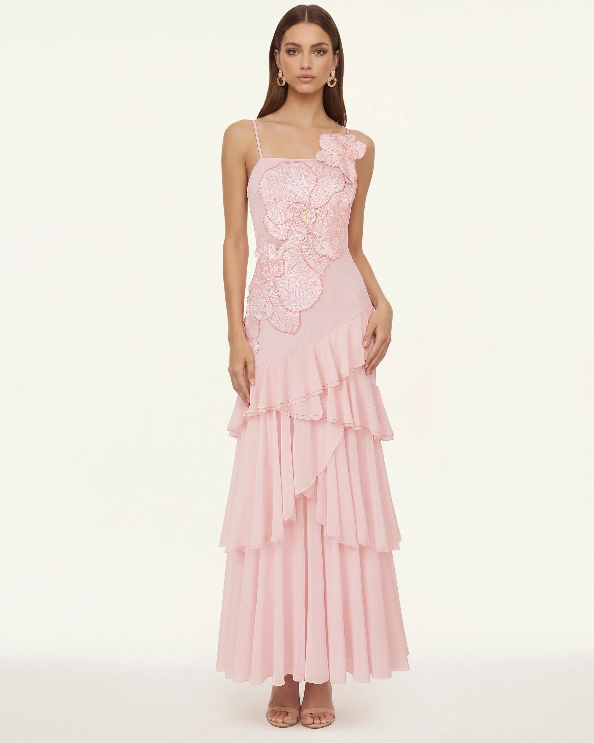 Elegant A-Line Square Neck Sleeveless Floral Ruffled Pink Maxi Prom Dress Gown