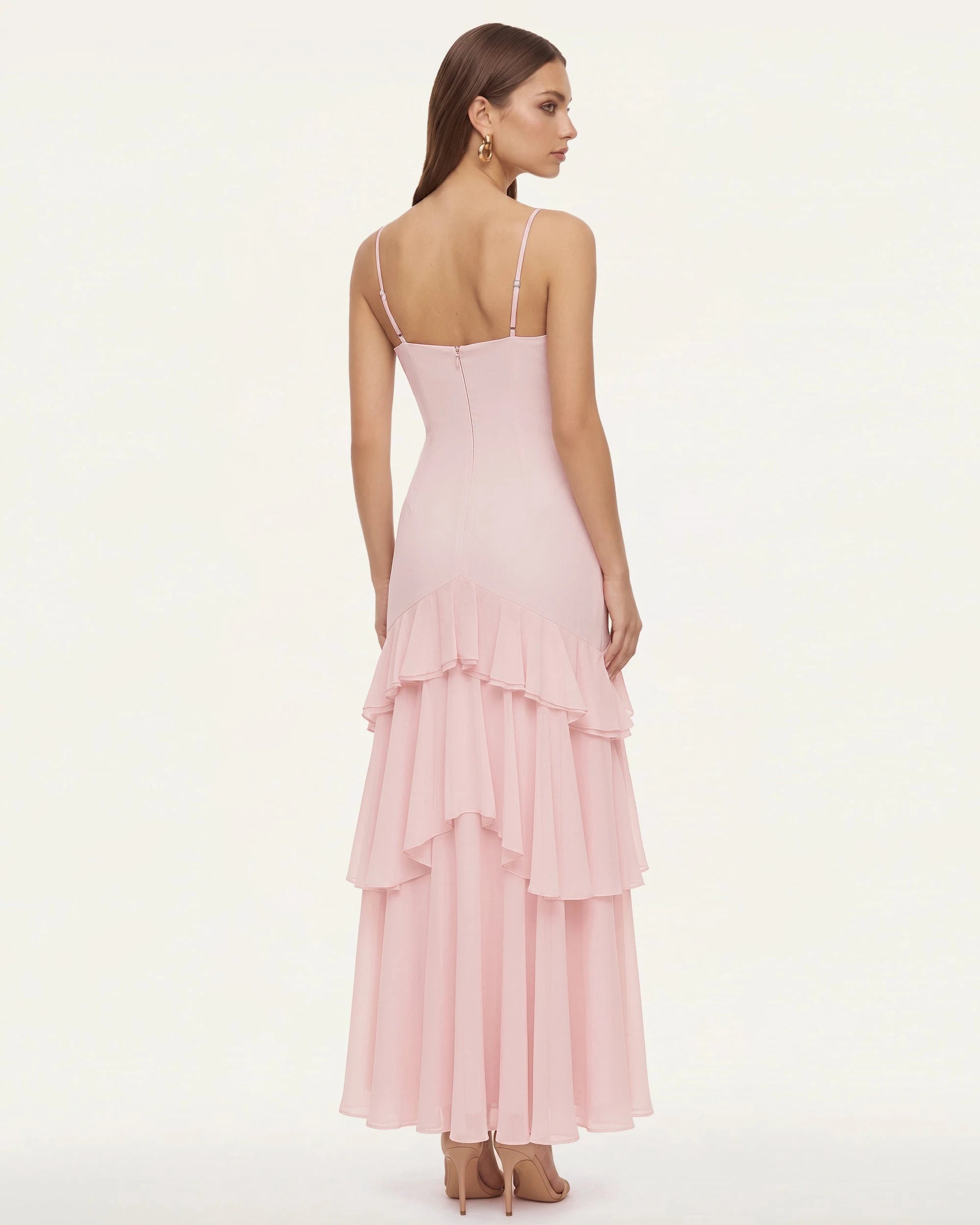 Elegant A-Line Square Neck Sleeveless Floral Ruffled Pink Maxi Prom Dress Gown