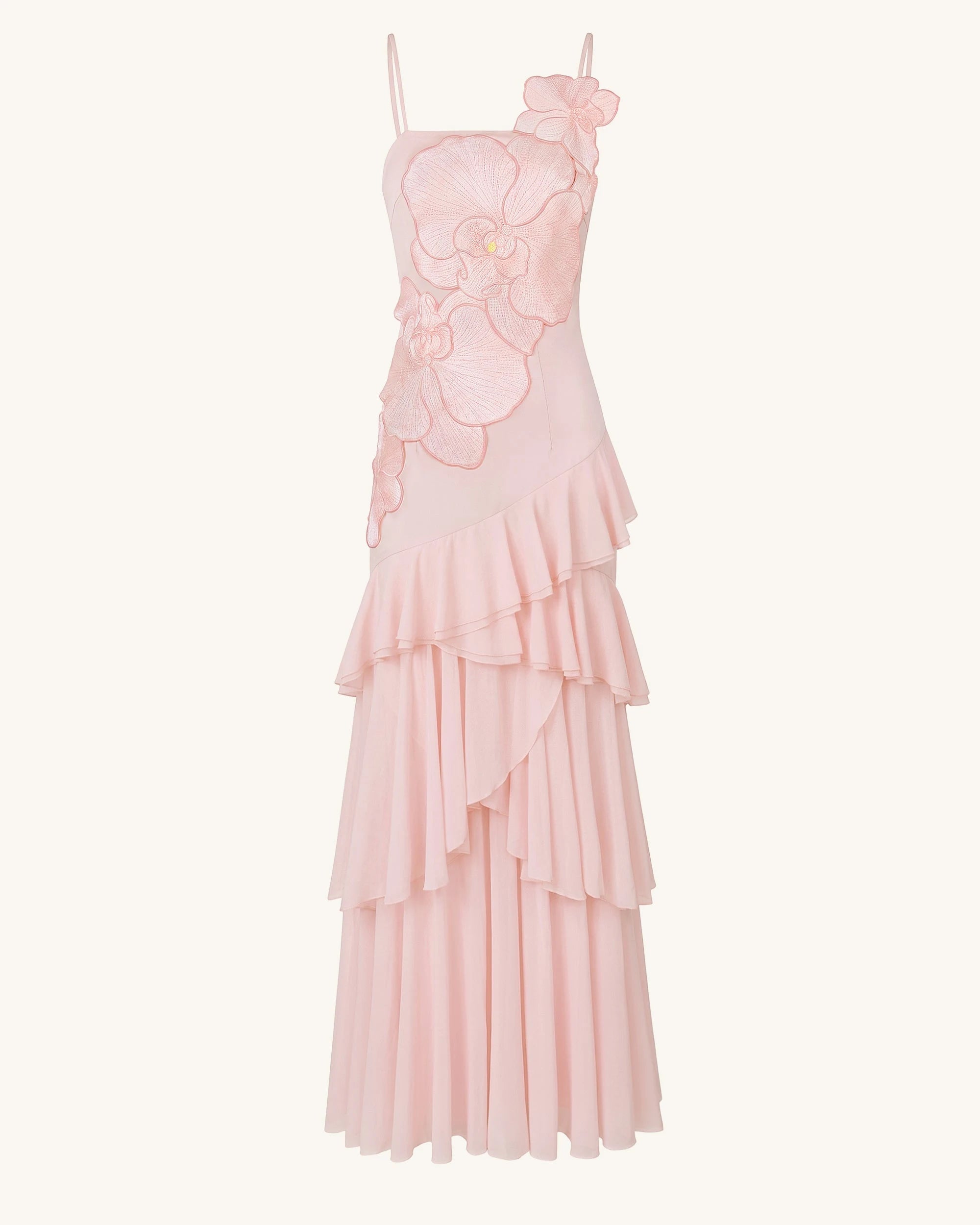 Elegant A-Line Square Neck Sleeveless Floral Ruffled Pink Maxi Prom Dress Gown