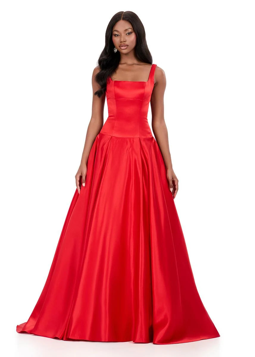 Elegant A-Line Square Neck Sleeveless Formal Red Floor-Length Prom Dresses Women's Gown