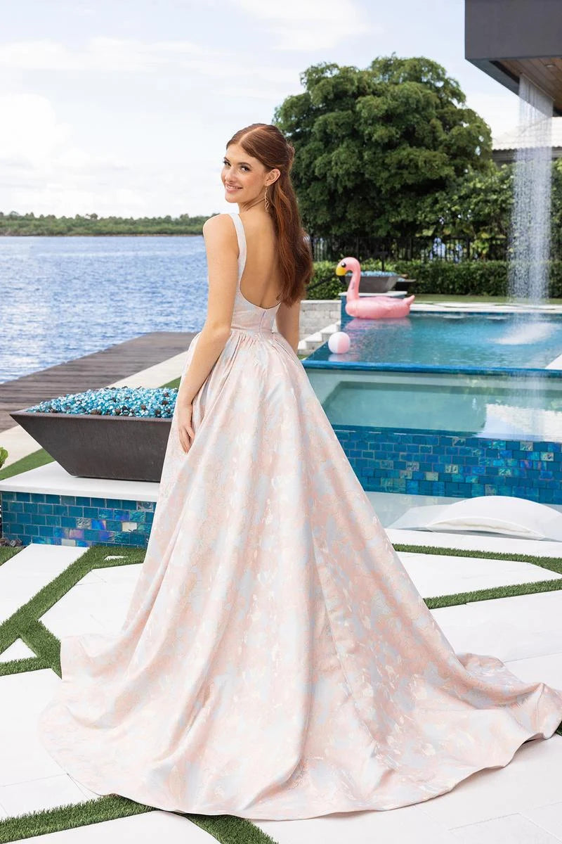Elegant A-Line Square Neck Sleeveless High Slit Blush Floor-Length Prom Gown