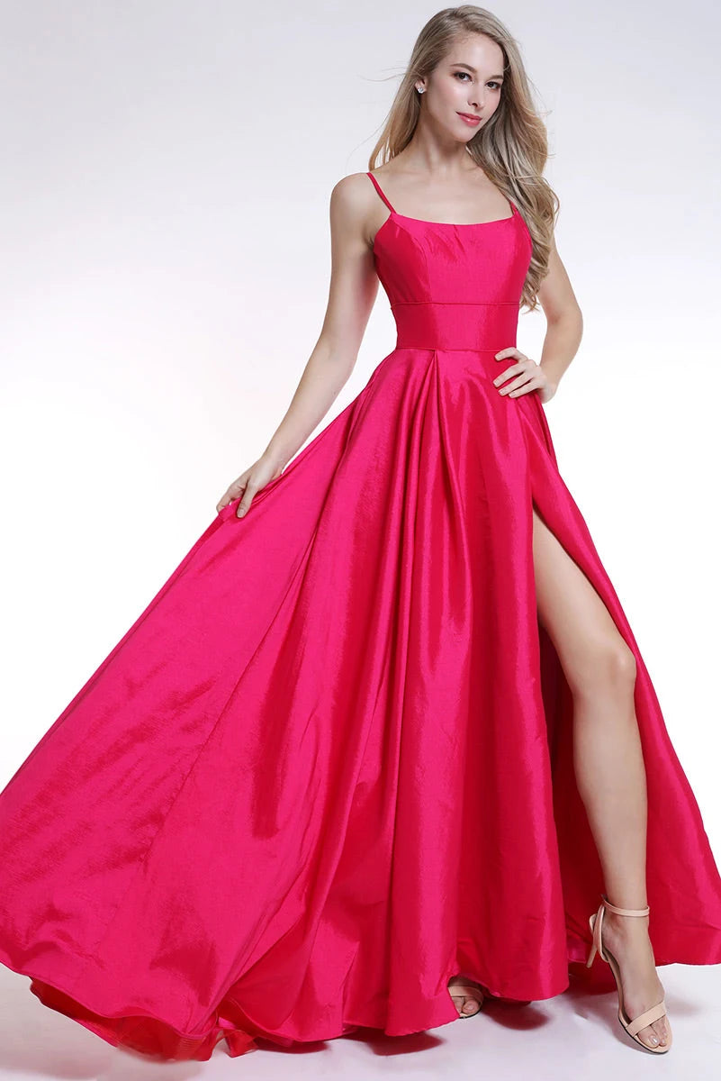 Elegant A-Line Square Neck Sleeveless High Slit Hot Pink Floor-Length Prom Gown