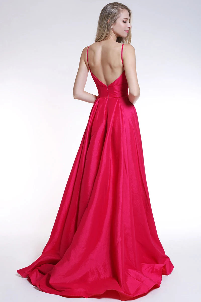Elegant A-Line Square Neck Sleeveless High Slit Hot Pink Floor-Length Prom Gown