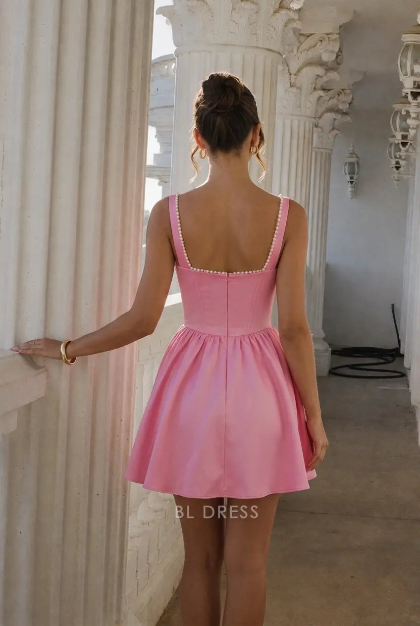 Elegant A-Line Square Neck Sleeveless Pearl Pink Short Homecoming Dress for Women