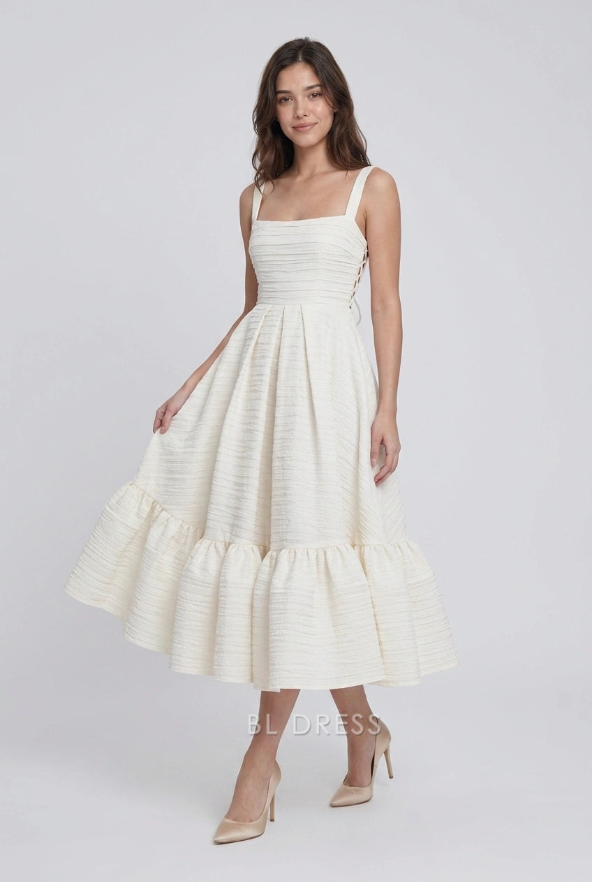 Elegant A-Line Square Neck Sleeveless Pleated Ruffle Lace-Up Ivory Midi Homecoming Dress