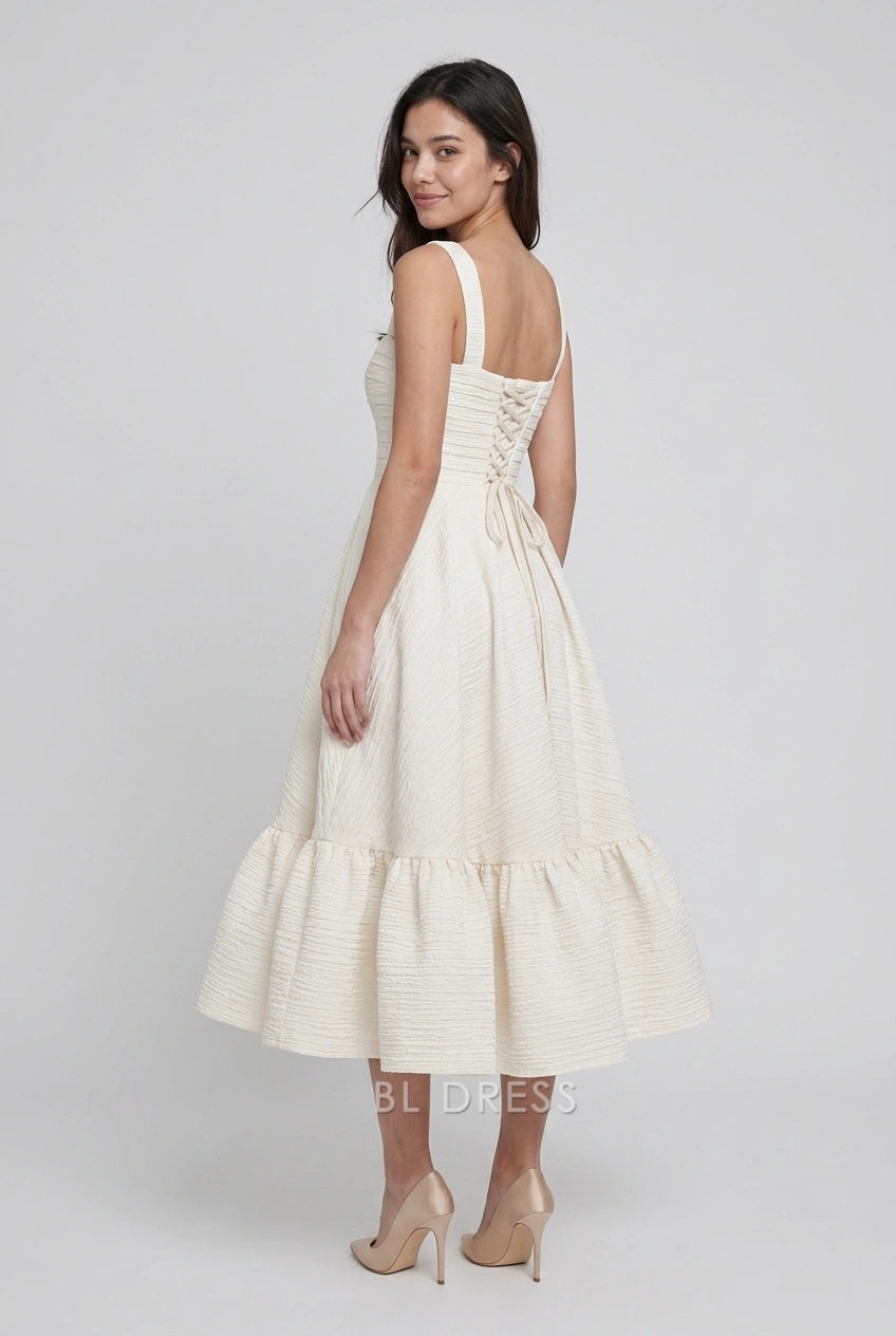 Elegant A-Line Square Neck Sleeveless Pleated Ruffle Lace-Up Ivory Midi Homecoming Dress
