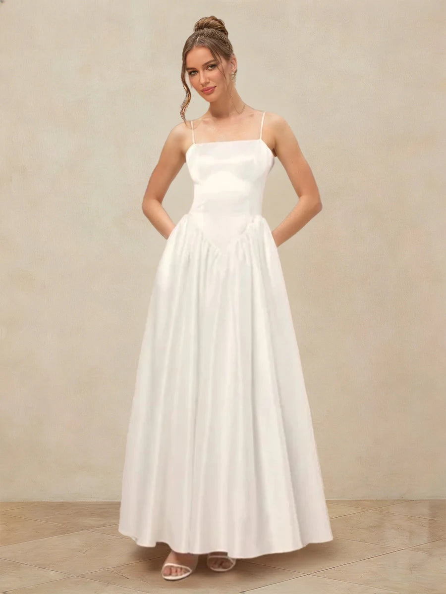 Elegant A-Line Square Neck Sleeveless Pleated White Floor-Length Prom Dress Women's Gown