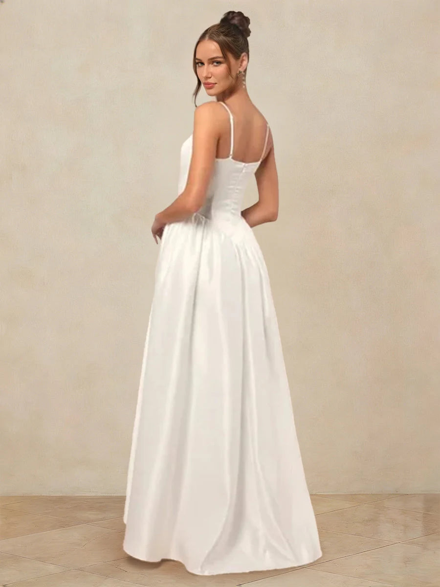 Elegant A-Line Square Neck Sleeveless Pleated White Floor-Length Prom Dress Women's Gown