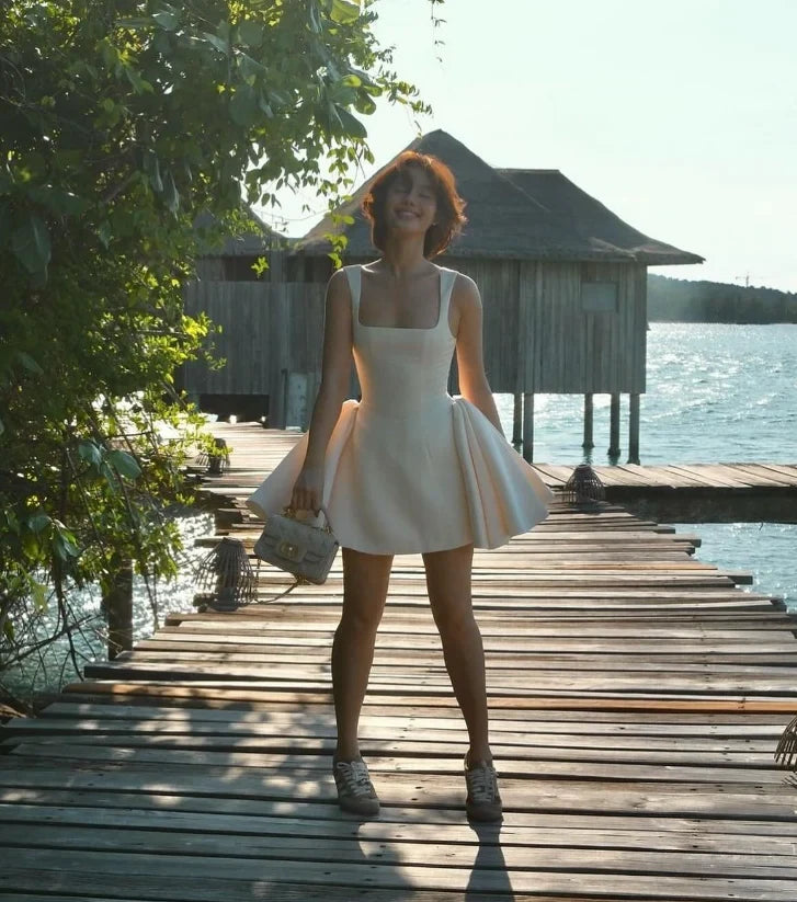 Elegant A-Line Square Neck Sleeveless Puffy Structured Creamy Short Women's Homecoming Gown