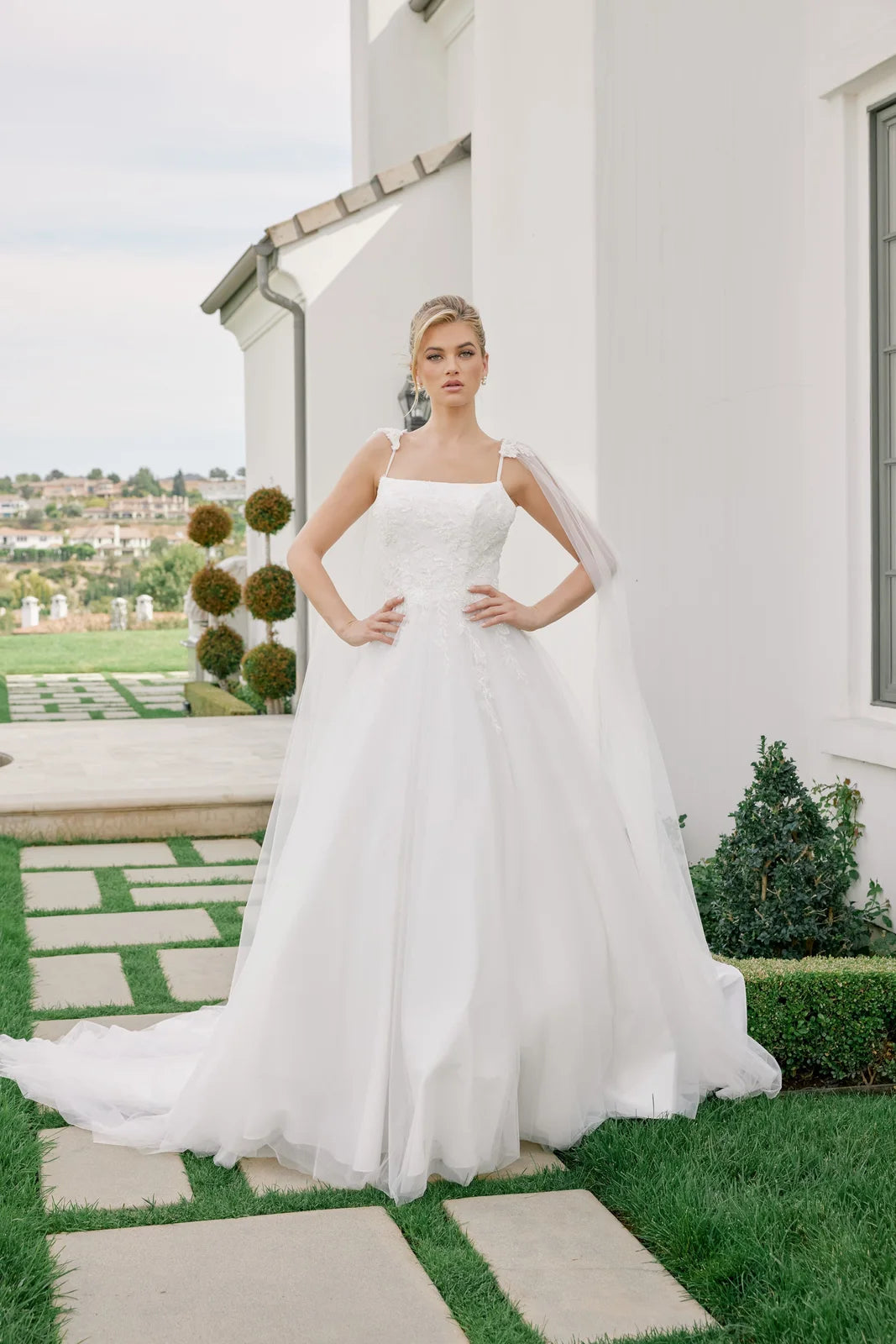 Elegant A-Line Square Neck Sleeveless Romantic Beaded White Floor-Length Prom Dress