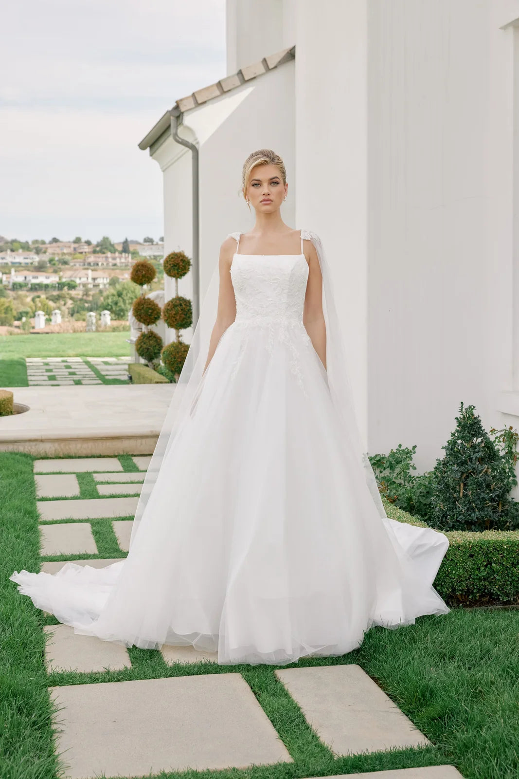 Elegant A-Line Square Neck Sleeveless Romantic Beaded White Floor-Length Prom Dress