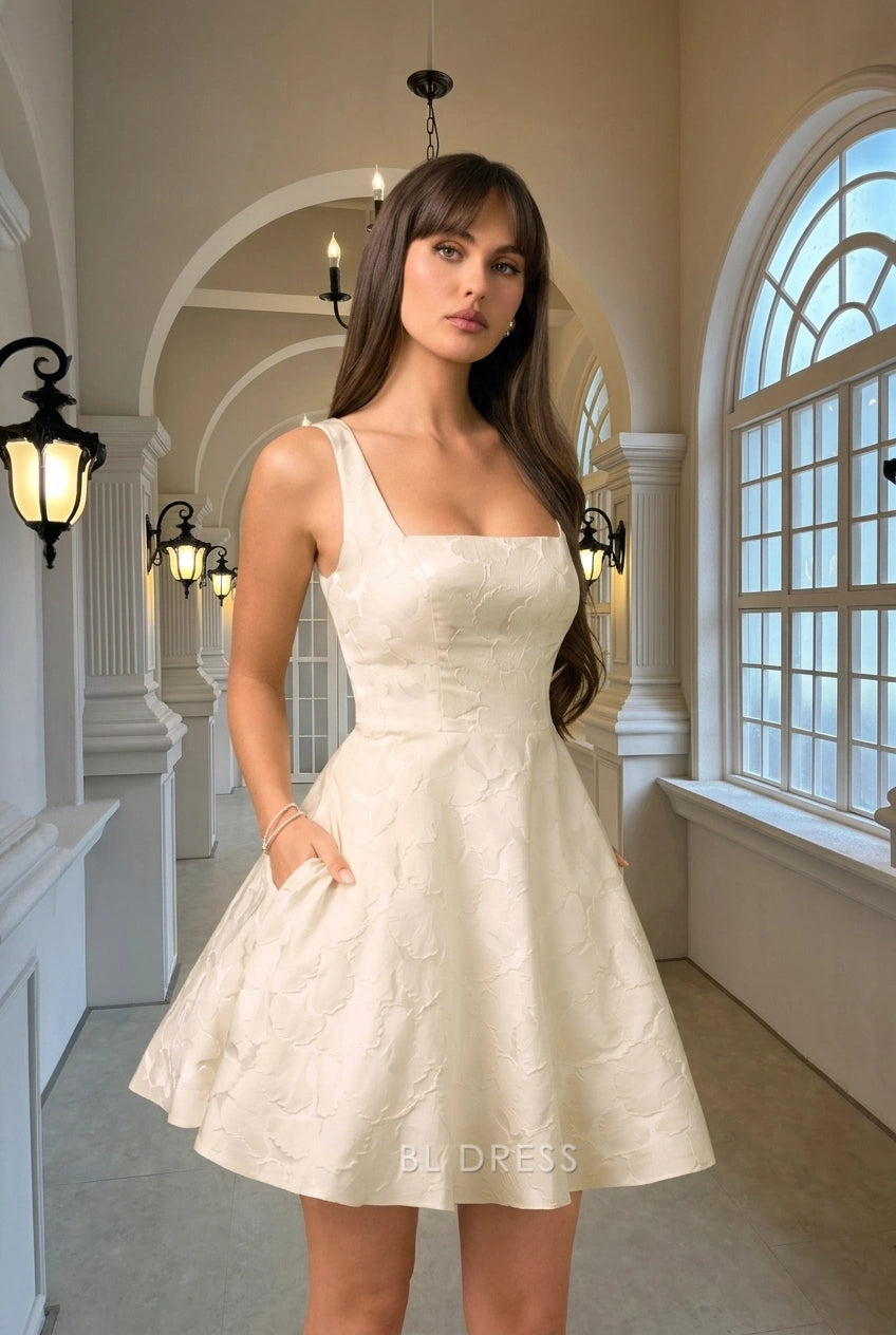 Elegant A-Line Square Neck Sleeveless Textured Ivory Short Homecoming Dress Women's