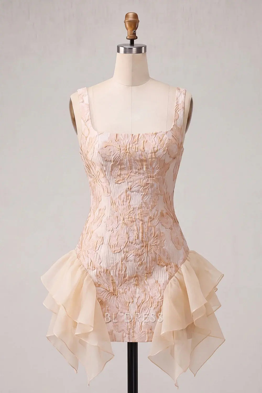 Elegant A-Line Square Neck Sleeveless Textured Ruffled Champagne Short Homecoming Dress
