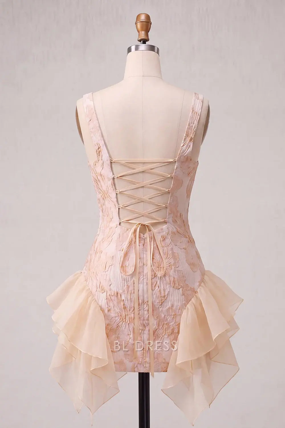 Elegant A-Line Square Neck Sleeveless Textured Ruffled Champagne Short Homecoming Dress