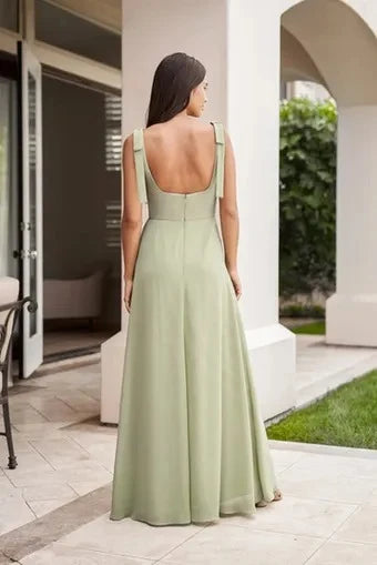 Elegant A-Line Square Neck Tie-Shoulder High Slit Sage Green Floor-Length Prom Dress