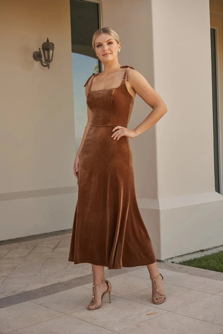 Elegant A-Line Square Neck Tie-Shoulder Velvet Rust Brown Midi Prom Dress