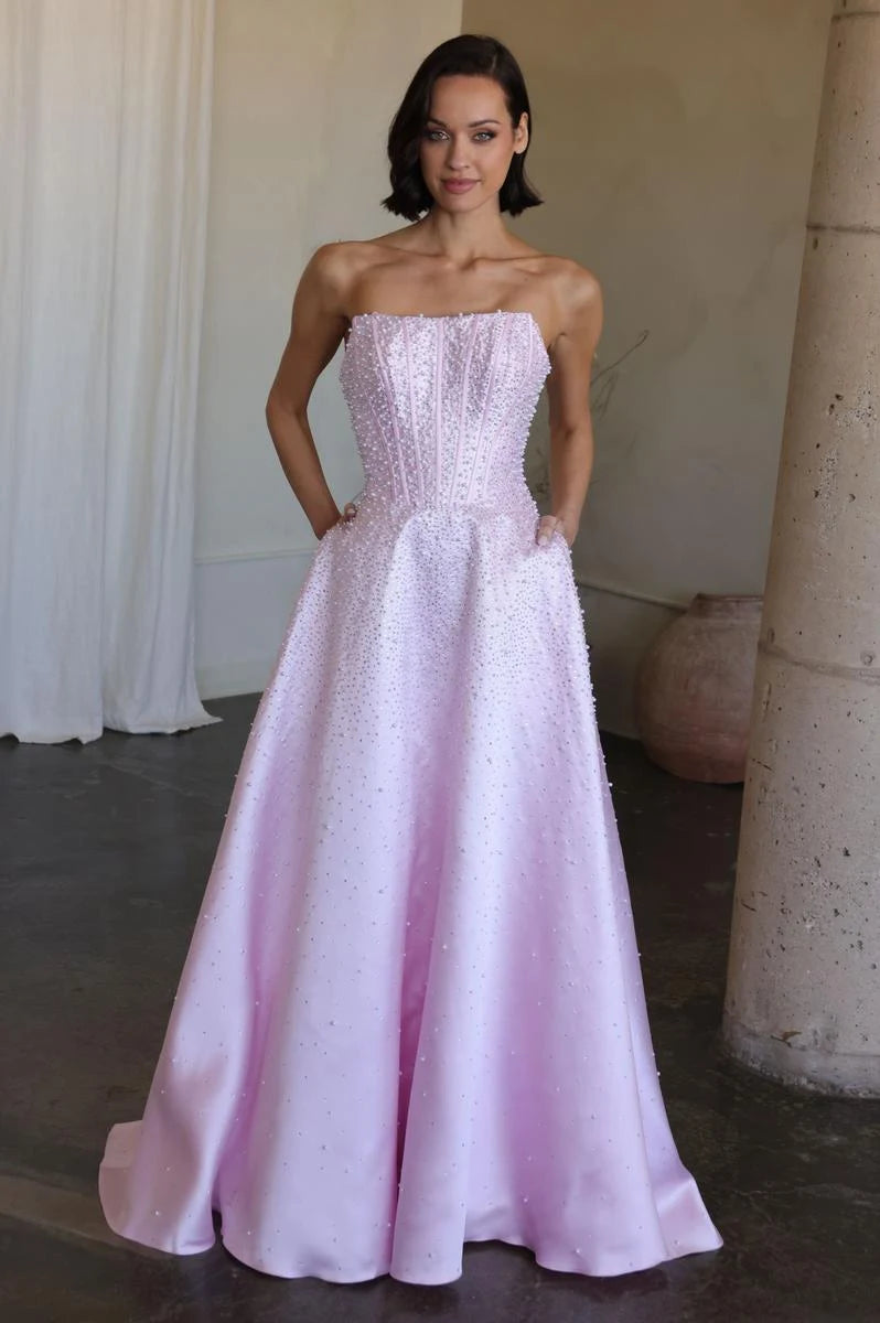 Elegant A-Line Strapless Beaded Corset Lavender Floor-Length Prom Gown