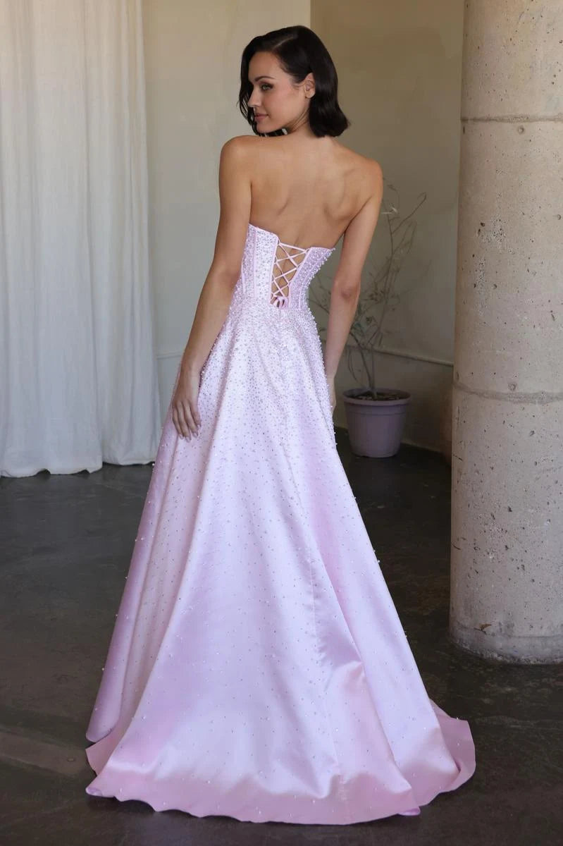Elegant A-Line Strapless Beaded Corset Lavender Floor-Length Prom Gown