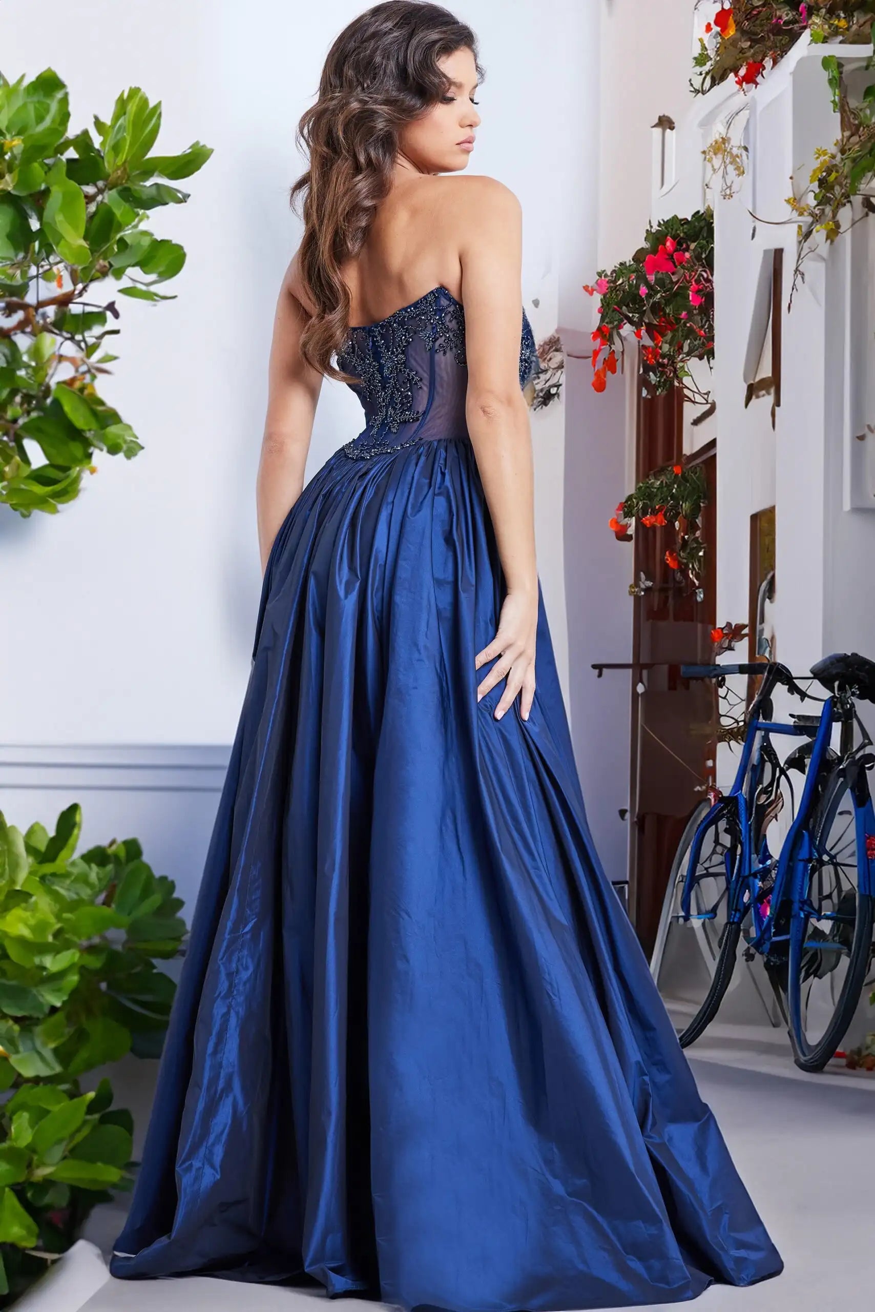 Elegant A-Line Strapless Beaded High Slit Navy Blue Floor-Length Prom Dress Gown
