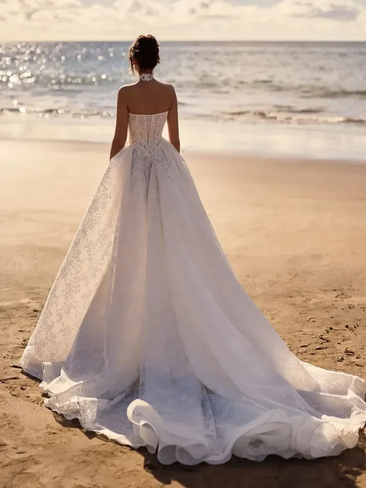 Elegant A-Line Strapless Beaded Lace Ivory Floor-Length Wedding Dress for Brides