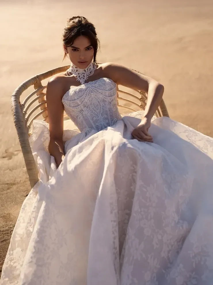 Elegant A-Line Strapless Beaded Lace Ivory Floor-Length Wedding Dress for Brides