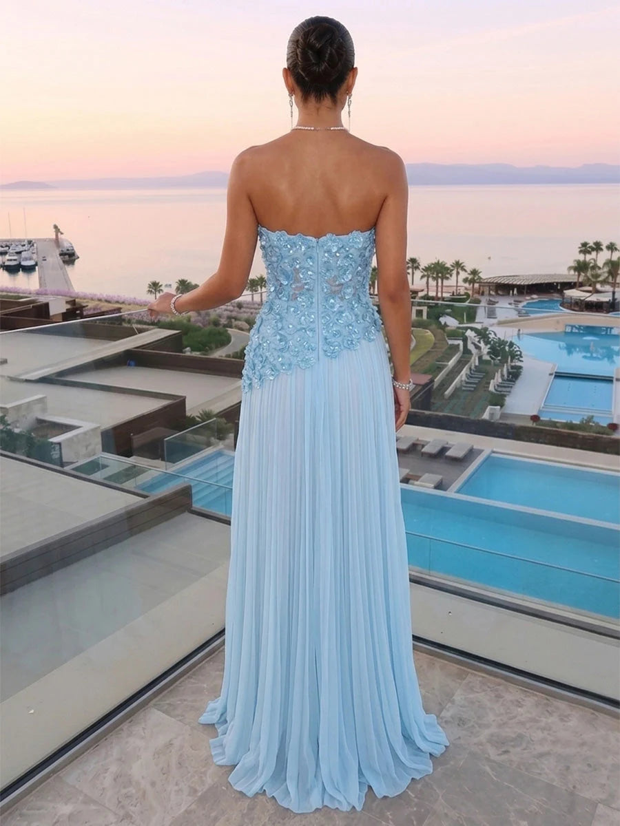 Elegant A-Line Strapless Beaded Pleated Light Blue Floor-Length Prom Gown