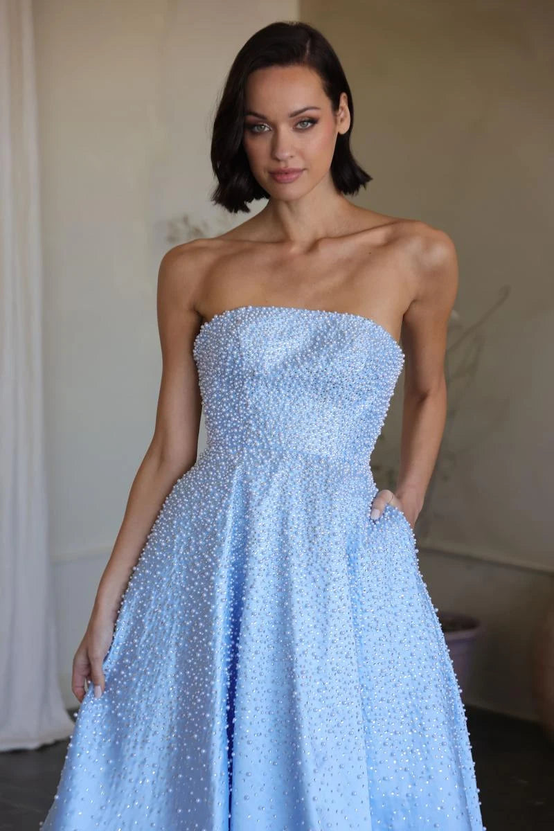 Elegant A-Line Strapless Beaded Sky Blue Floor-Length Prom Dress Women