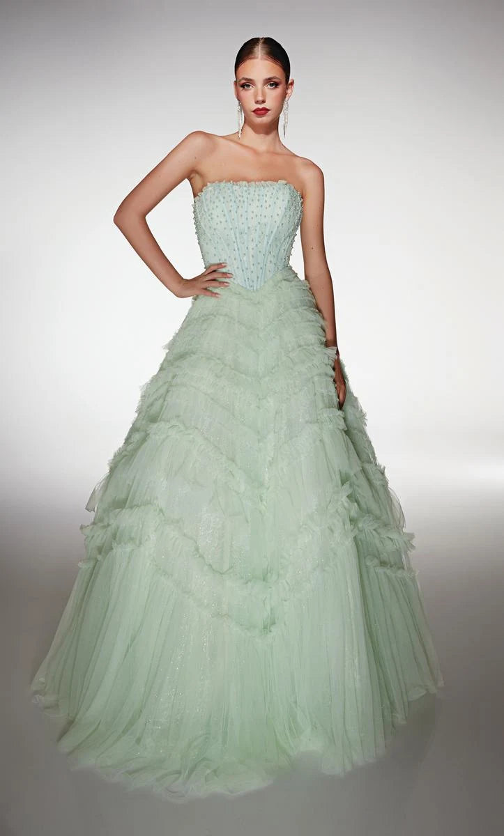 Elegant A-Line Strapless Beaded Tiered Mint Green Floor-Length Prom Gown